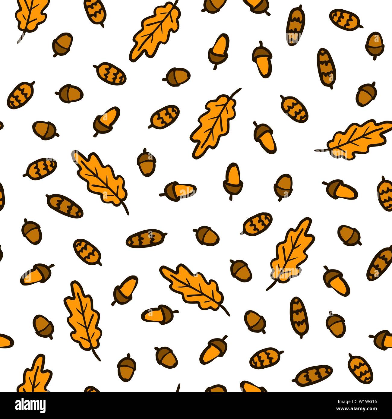 Hand zeichnen Herbst Eichenlaub Eicheln und Tannenzapfen Muster. Vektor endlose Hintergrund von Orange und Braune Blätter fallen. Vorlage für den Druck auf Stoff Wr Stock Vektor