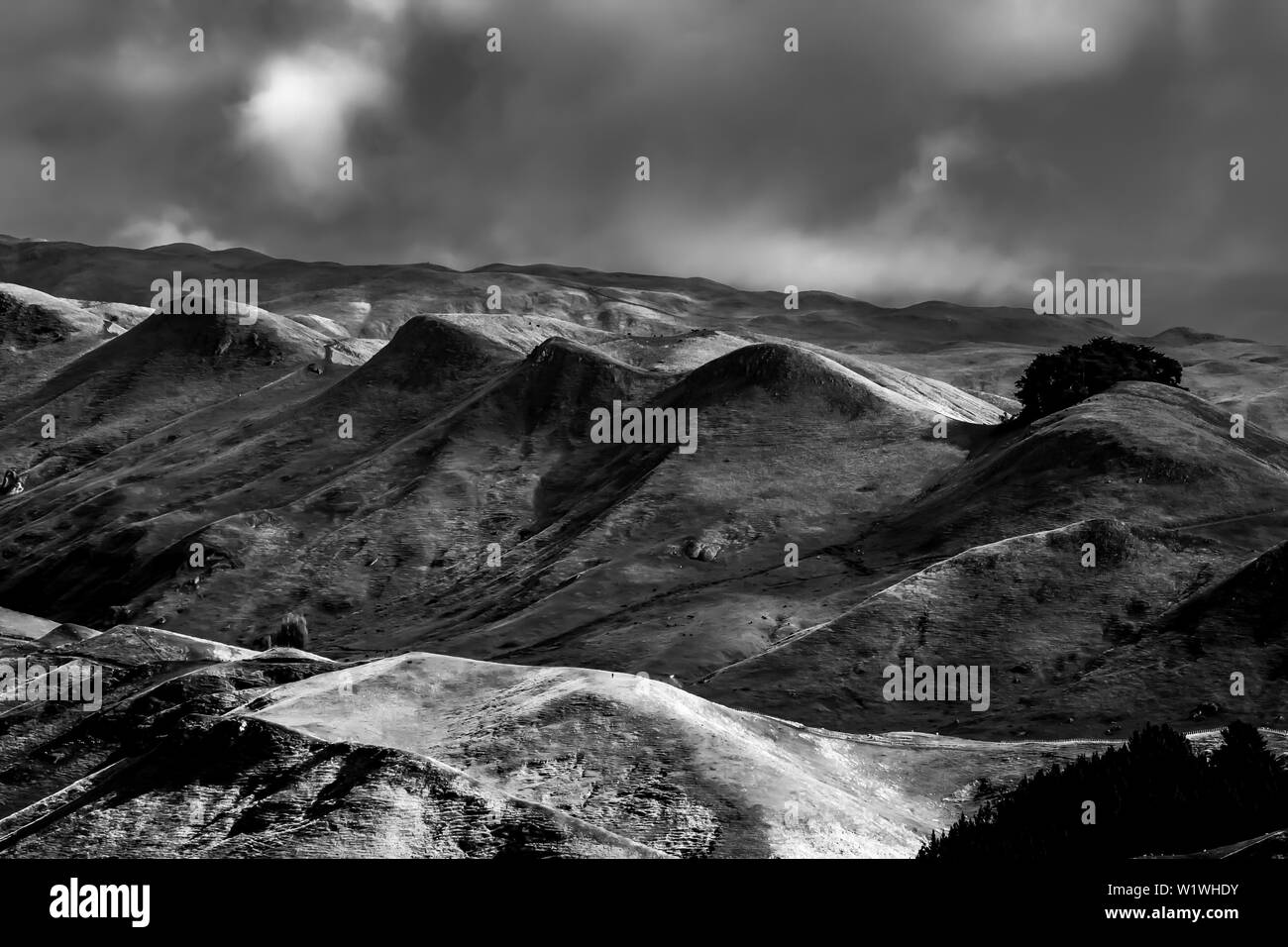 Eine dramatische und Moody Tag auf den Hügeln rund um Te Mata Peak, erkennen Sie den Mann, der auf der Sonne beleuchtet Kante nach unten. Stockfoto