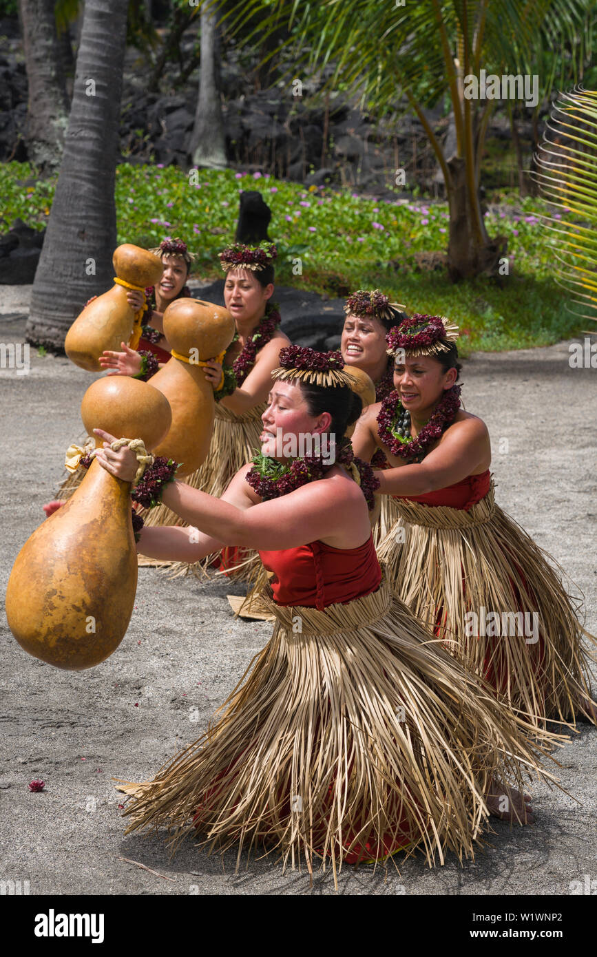 Hula Halau bei kulturellen Tag an Pu'uhonaua O Honaunau National Park in South Kona Hawaii durchführen. Stockfoto