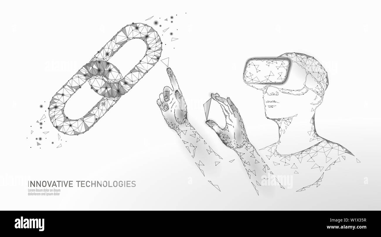 Männliche moderne Händler verwalten blockchain System. Virtuelle Realität Hilfe Verwaltung der Daten. 3D-VR-Headset augmented reality Brille Finanzen Stock Vektor