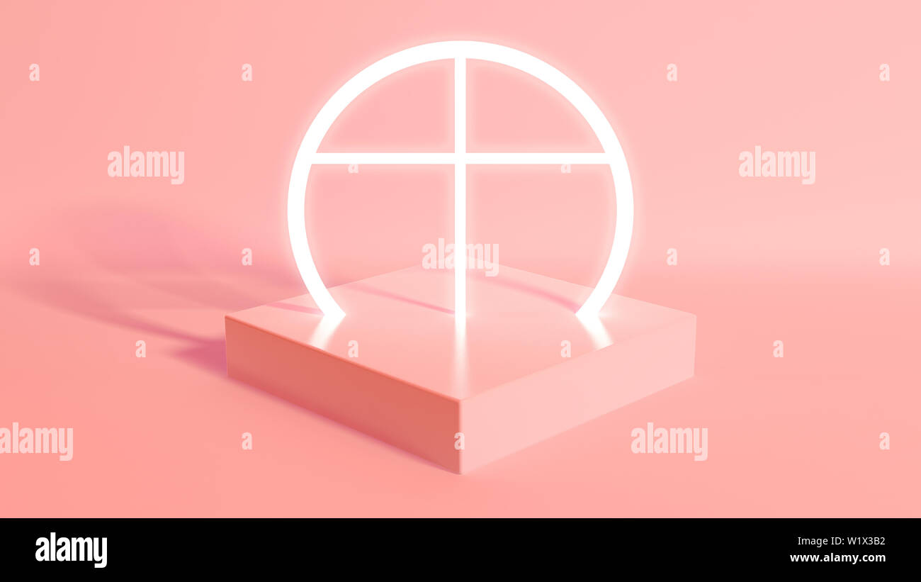 Ein rechteckiger Würfel Basis Holding eine beleuchtete neon Weiß Kreuz auf einem isolierten Lachs pink studio Umgebung - 3D-Rendering Stockfoto