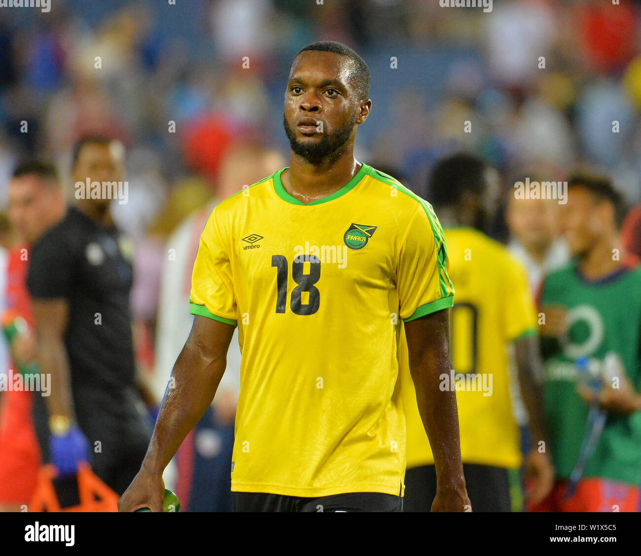 Nashville, TN, USA. 03 Juli, 2019. Jamaika vorwärts, Brian Brown (18), während der 2019 CONCACAF Gold Cup, Halbfinale Übereinstimmung zwischen den USA und Jamaika, bei Nissan Stadion in Nashville, TN. Obligatorische Credit: Kevin Langley/Sport Süd Media/CSM/Alamy leben Nachrichten Stockfoto