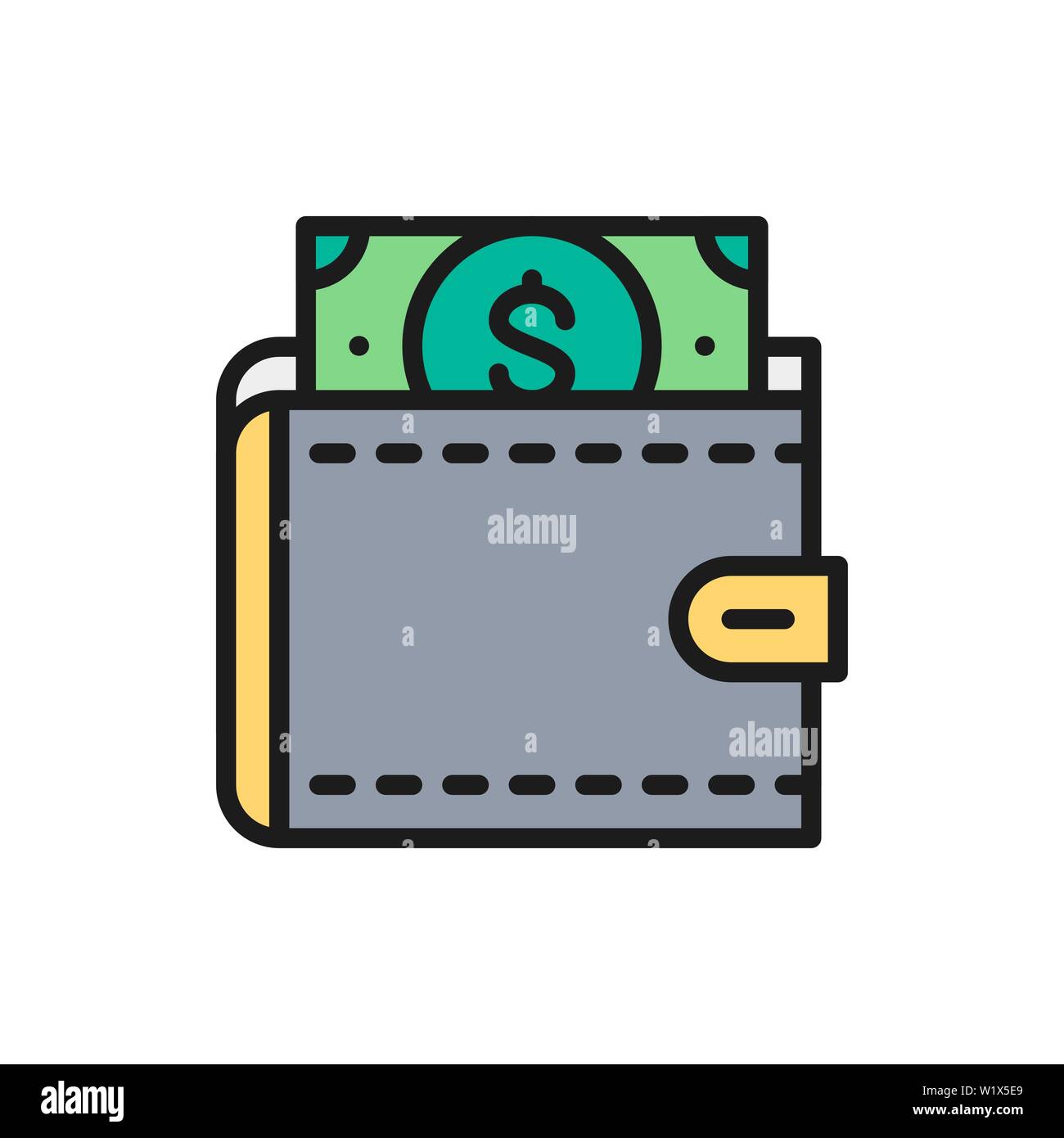 Vektor Geldbörse mit Dollar, Geld sparen, investieren Flachbild Color Line Symbol. Stock Vektor