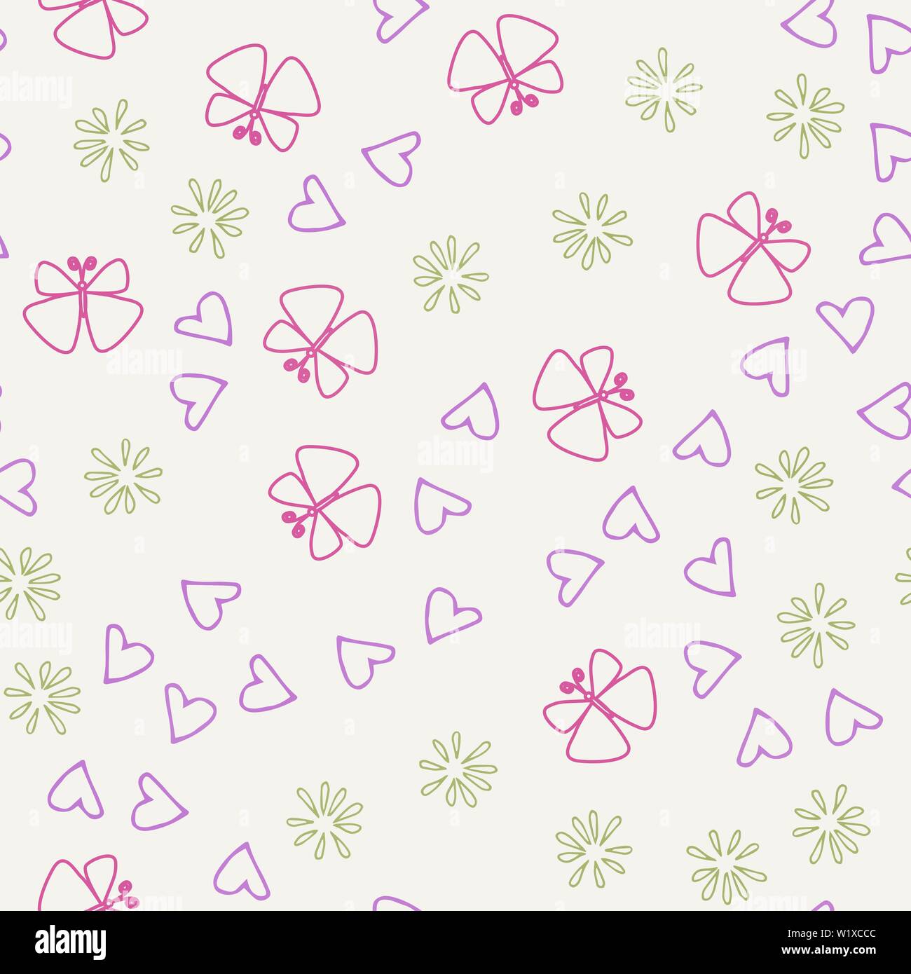 Nahtlose bunte doodle Hintergrund mit Blumen und Schmetterlingen. Vector Illustration für Verpackung und Druck auf Gewebe Stock Vektor