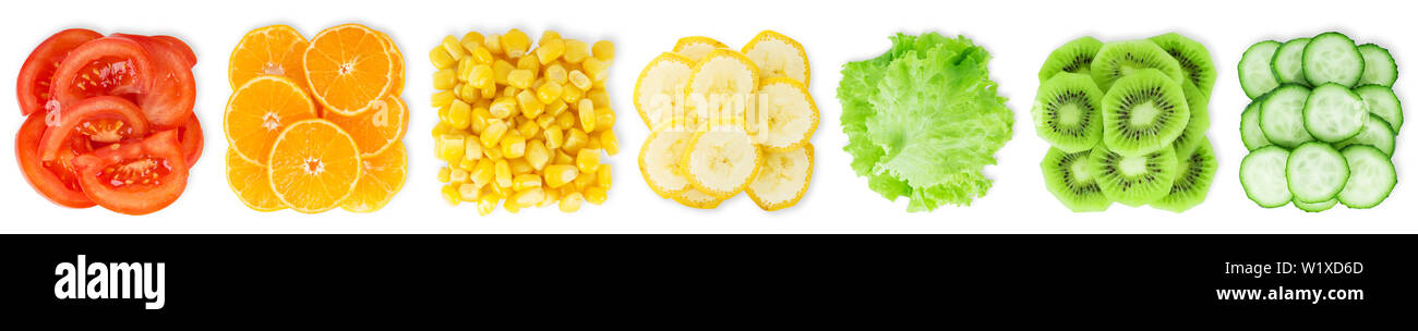 Sammlung von geschnittenem Obst und Gemüse auf weißem Hintergrund. Frische Lebensmittel Stockfoto Sammlung von geschnittenem Obst und Gemüse auf weißem Hintergrund. Frische Lebensmittel Stockfoto