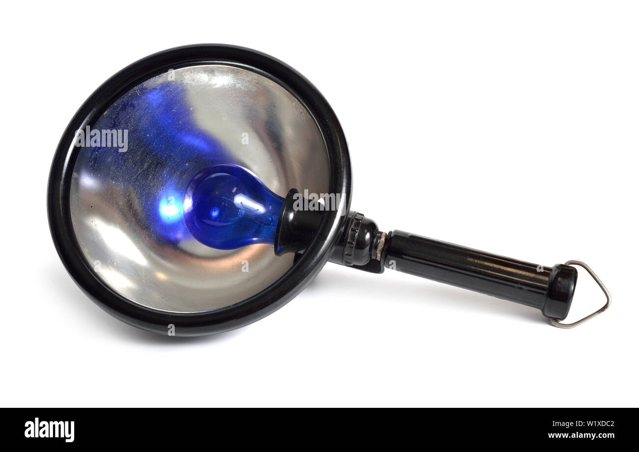 Die Minin Minin Reflektor mit blaue Lampe auf weißem Hintergrund Stockfoto