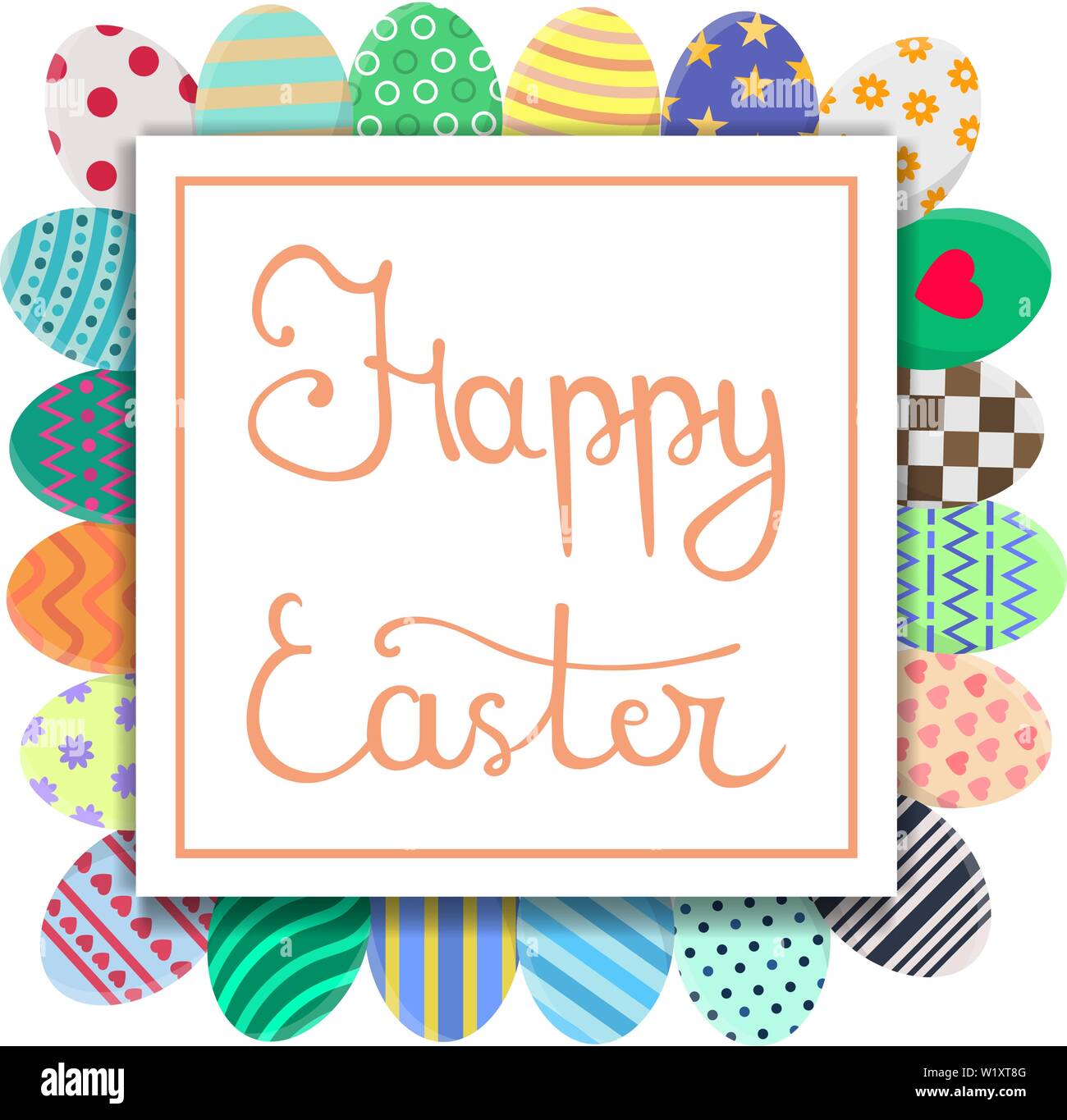 Kalligraphie Schriftzug Frohe Ostern Inschrift. Ostern Karte mit bunten Eiern in der Kranz bilden. Für die Begrüßung oder Einladung Postkarte. Vektor illustratio Stock Vektor