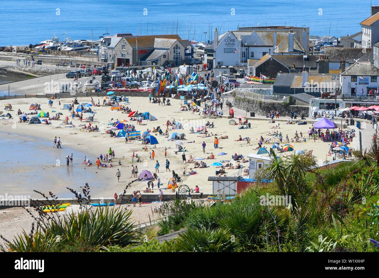 Lyme Regis, Dorset, Großbritannien. 4. Juli 2019. UK Wetter. Sonnenanbeter am Strand an der Küste von Lyme Regis in Dorset genießen ein Tag der klare Himmel und glühend heiße Sonne. Foto: Graham Jagd-/Alamy leben Nachrichten Stockfoto