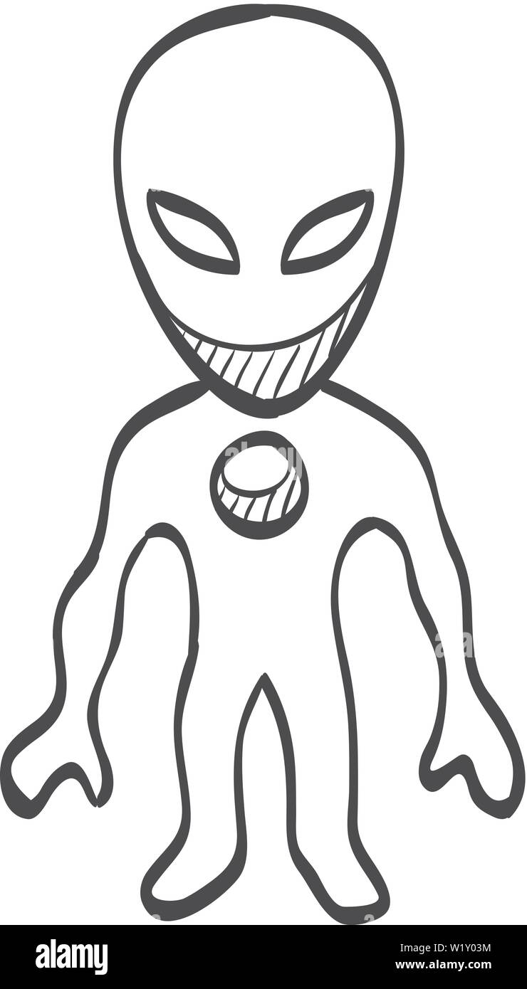 Alien Symbol in doodle Skizze Linien. Extraterrestrische, Weltraum, Invader, Humanoiden Stock Vektor