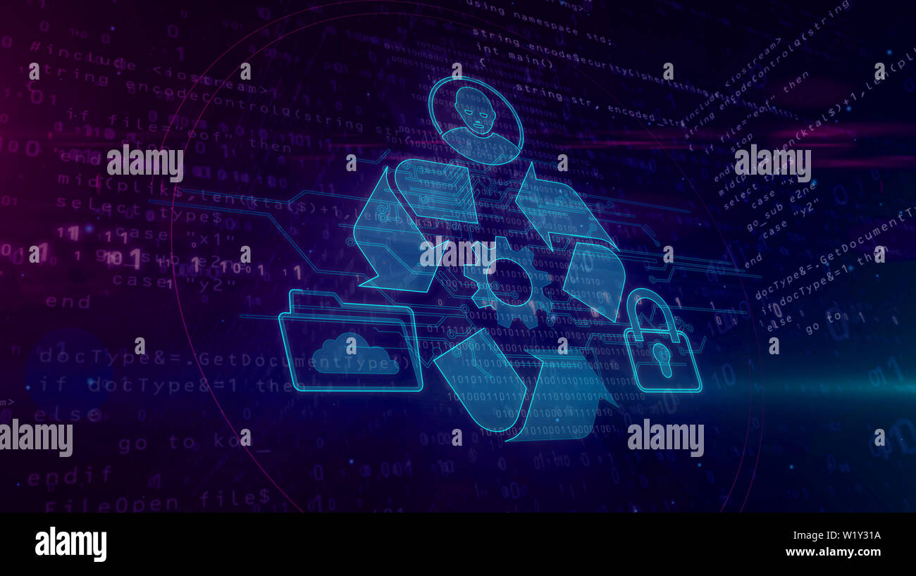 Datenmanagement Hologramm auf dynamische FUTURISTISCHEN Hintergrund. Modernes und futuristisches Konzept von Dateien, die Speicherung, Cyber Security, Computer und digitale p Stockfoto