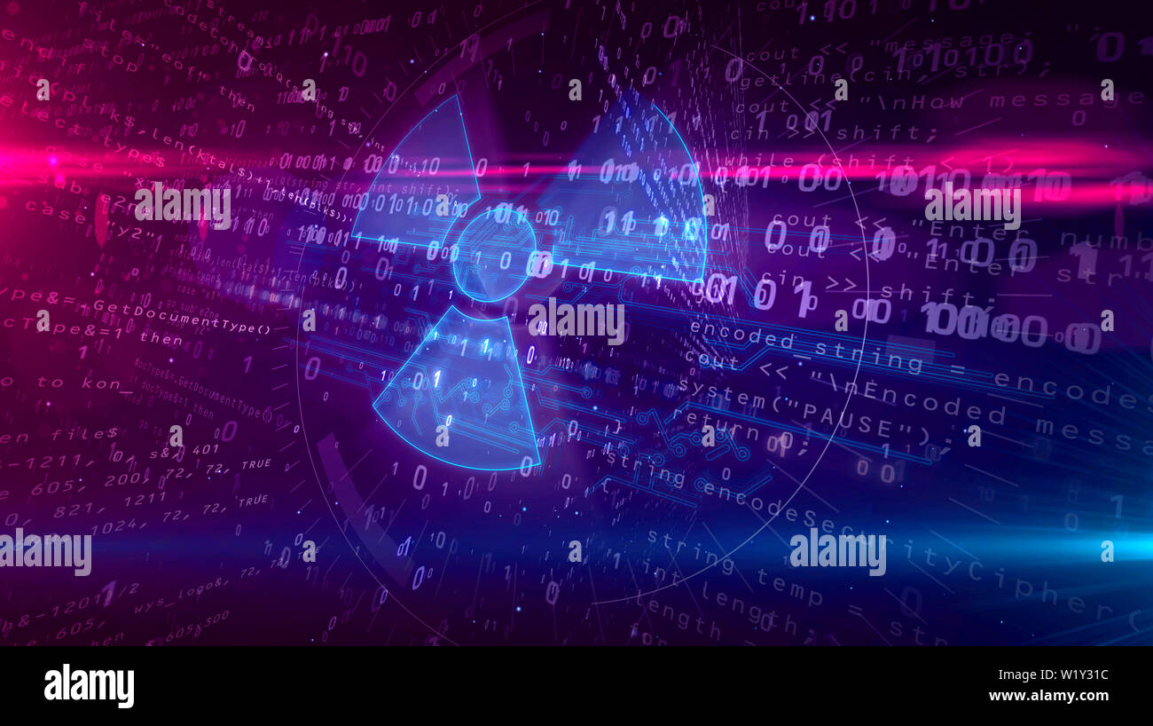 Cyber Krieg mit nuklearen Symbol hologramm Intro auf futuristischen Hintergrund. Modernes Konzept der Atomkraft, Wissenschaft, Energie, radioaktive Gefahr und Digita Stockfoto