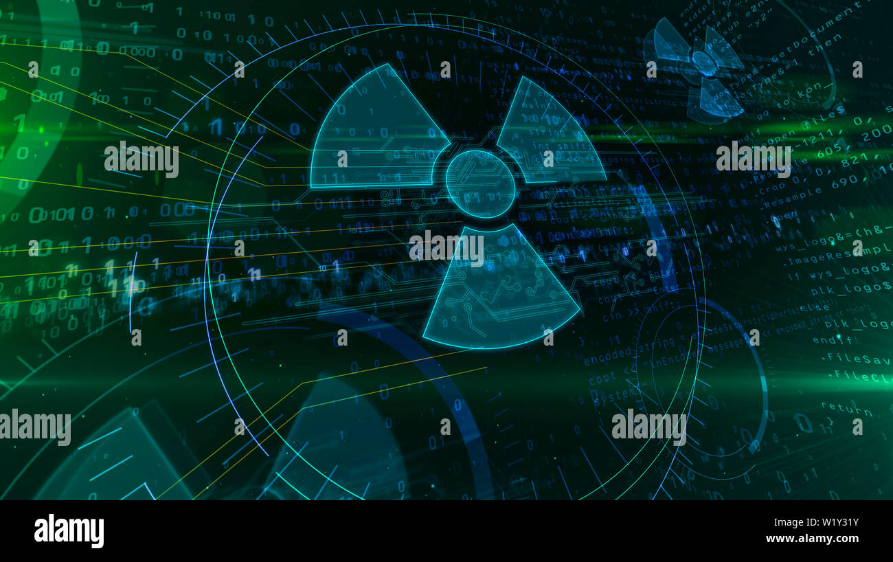 Cyber Krieg mit nuklearen Symbol hologramm Intro auf futuristischen Hintergrund. Modernes Konzept der Atomkraft, Wissenschaft, Energie, radioaktive Gefahr und Digita Stockfoto