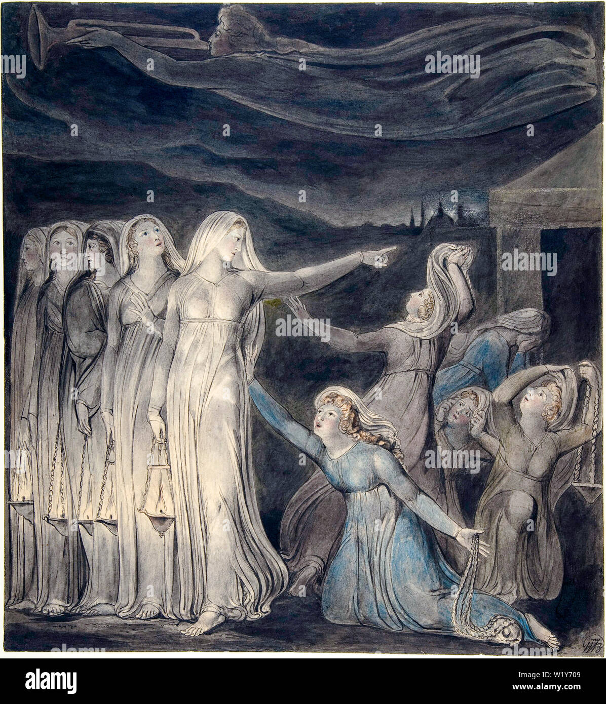 William Blake, das Gleichnis von den weisen und törichten Jungfrauen, Aquarellmalerei über Feder und Tinte, um 1799 Stockfoto