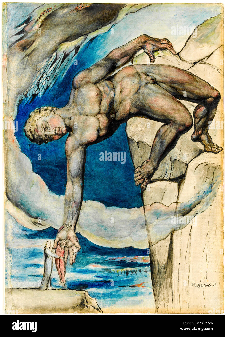 William Blake, Antaeus Setting Down Dante and Virgil, in the Last Circle of Hell, Aquarell-Malerei über Stift und Tinte, 1824-1827 Stockfoto