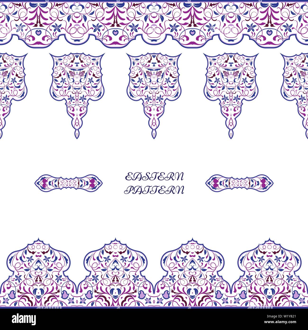 Nahtlose arabischen Mustern für die Grenze. Oriental Motif für Stoff oder Papier Design wiederholt. Violett Muster auf weißem Hintergrund. Stock Vektor