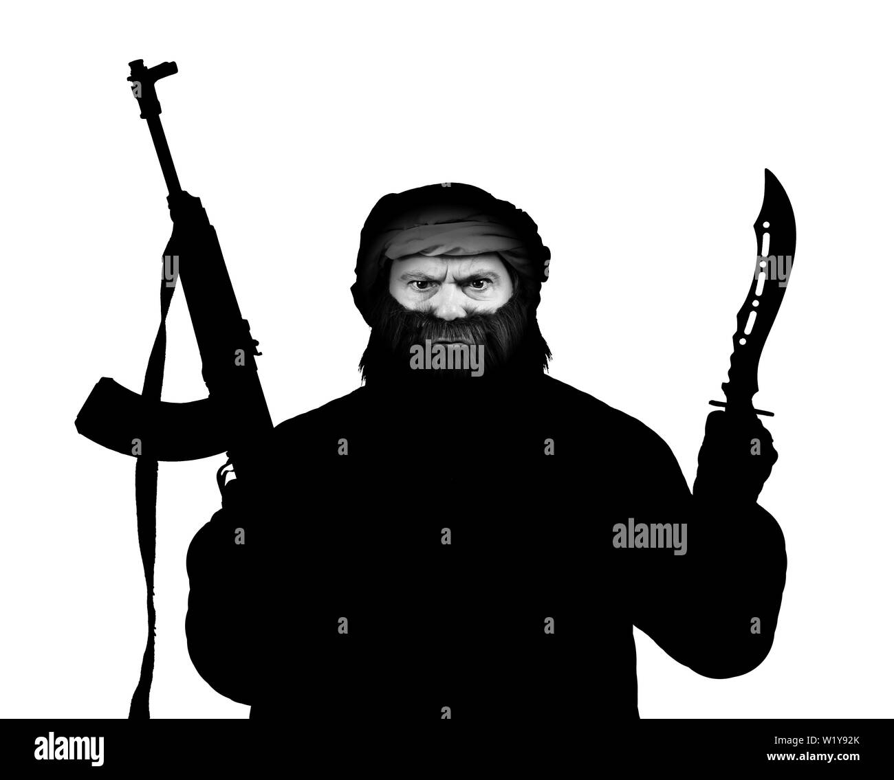 Die schwarze Silhouette des Menschen bewaffnet mit Kalaschnikow und Messer isoliert auf einem weißen Hintergrund. Stockfoto