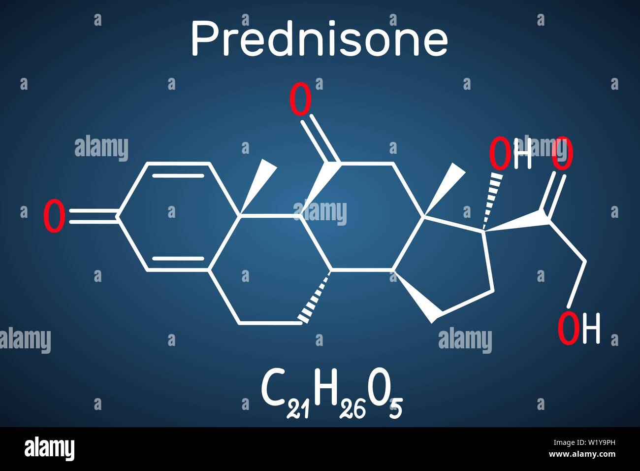 Prednison Molekül. Ein synthetisches entzündungshemmenden Glukokortikoid von Cortison abgeleitet. Strukturelle chemische Formel auf dem dunkelblauen Hintergrund Stock Vektor