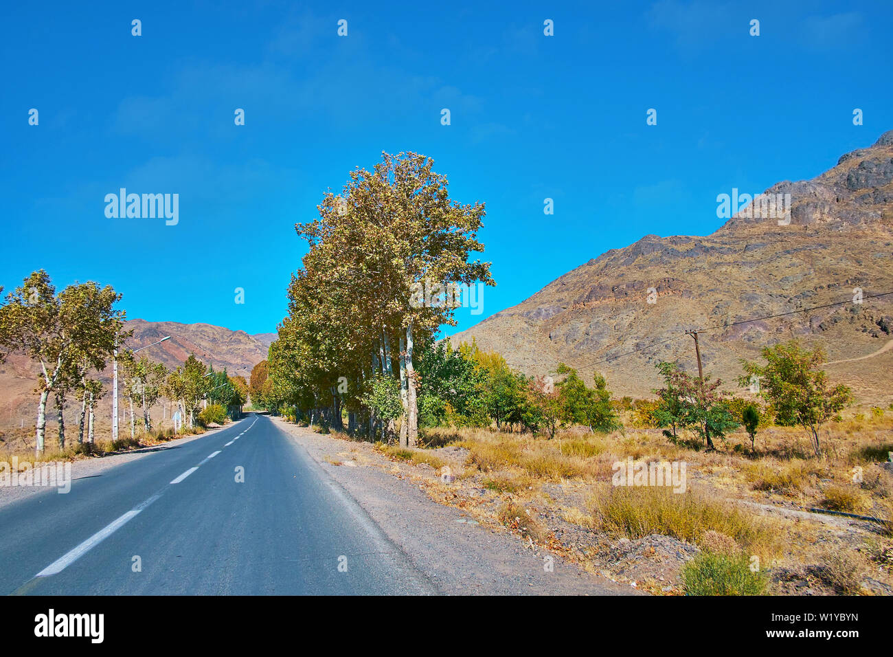 Das üppige Grün durch die Wüste Straße in Karkas Berge neben historischen Dorf Abyaneh, Iran. Stockfoto
