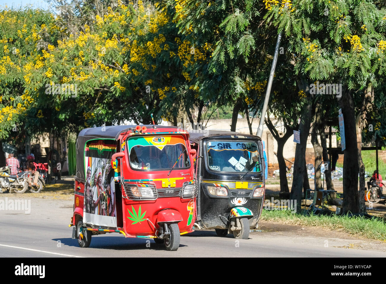 Dreirad Taxi unter gelber Jacaranda Bäumen in den Straßen von Mbeya, Tansania --- Dreirad-Taxi unter gelben Jacaranda-Bäumen in den Parks von Mbeya, Tansania Stockfoto