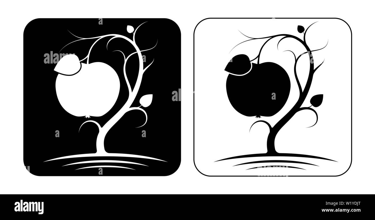 Stilisierte Bild von einem Apfelbaum mit Früchten und Blättern. Schwarz und Weiß. Zwei Logos und Embleme. Stock Vektor