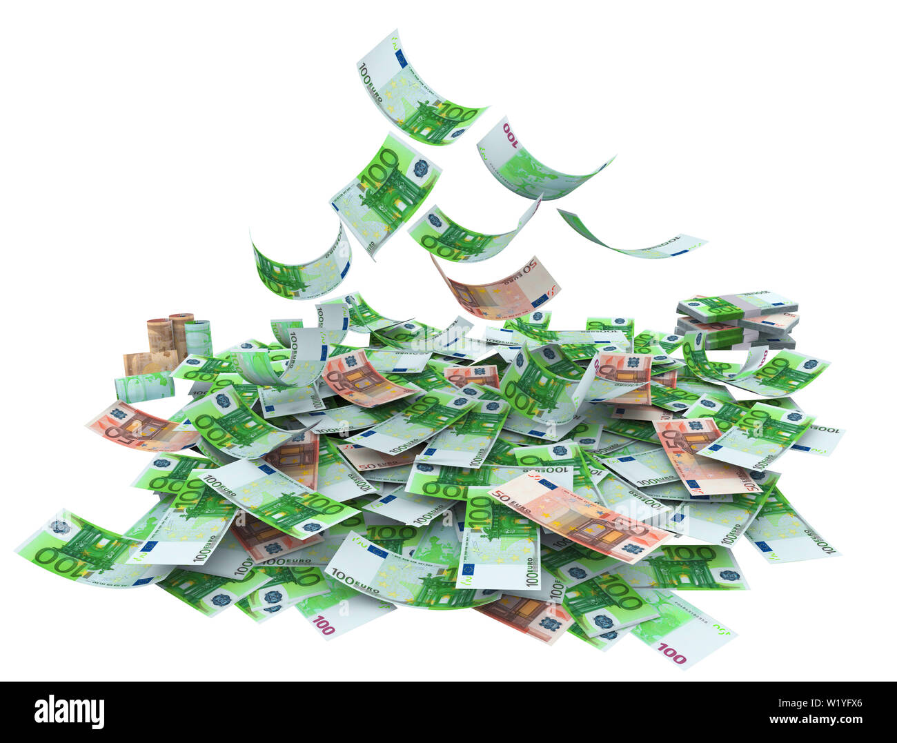 Fallen 100 und 50 Euro, sowohl von der Vorder- und Rückseite wie ein echter auf weißem Hintergrund. Hohe Auflösung, gestochen scharfe 3D-Rendering. Stockfoto