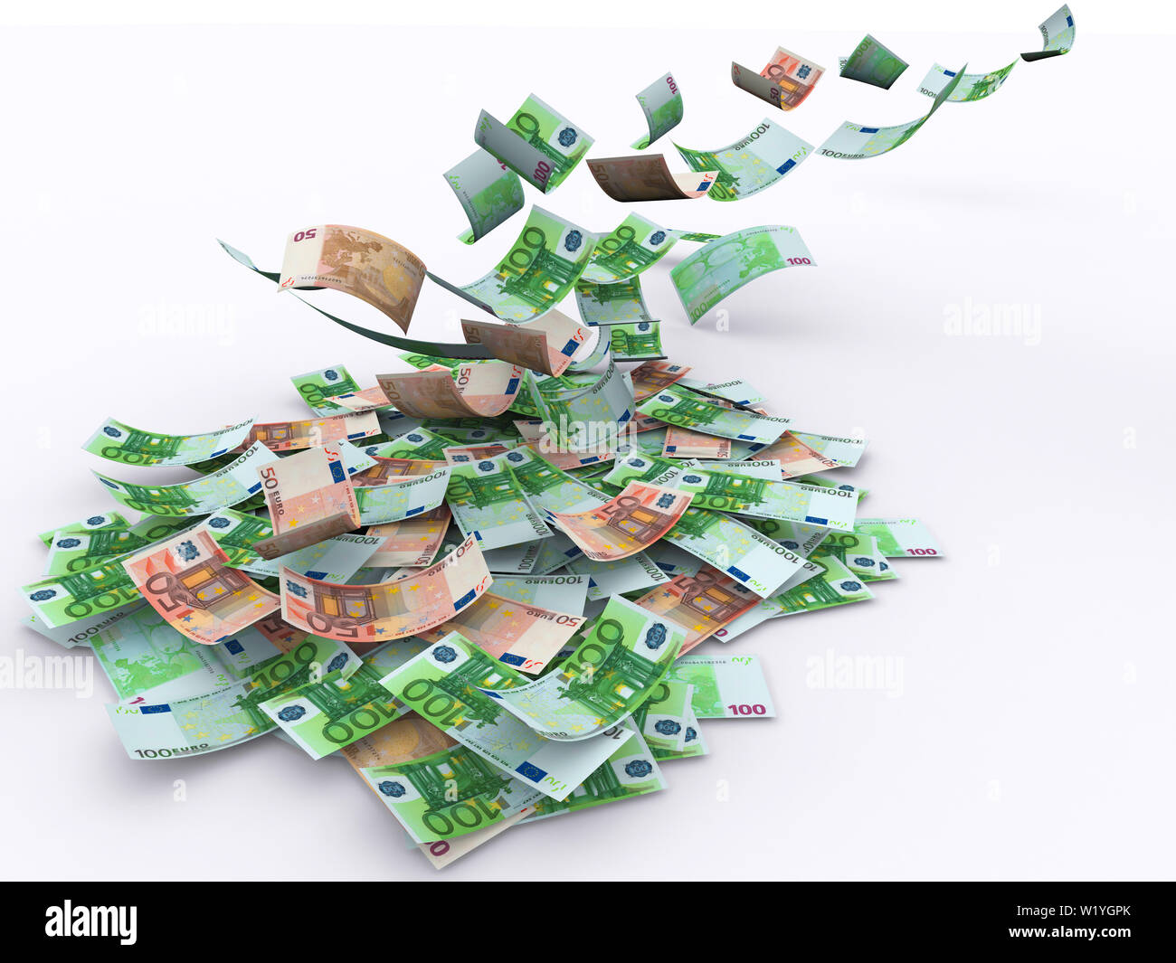 Fallen 100 Euro sowohl von der Vorder- und Rückseite wie echte auf weißem Hintergrund. Hohe Auflösung, gestochen scharfe 3D-Rendering Stockfoto