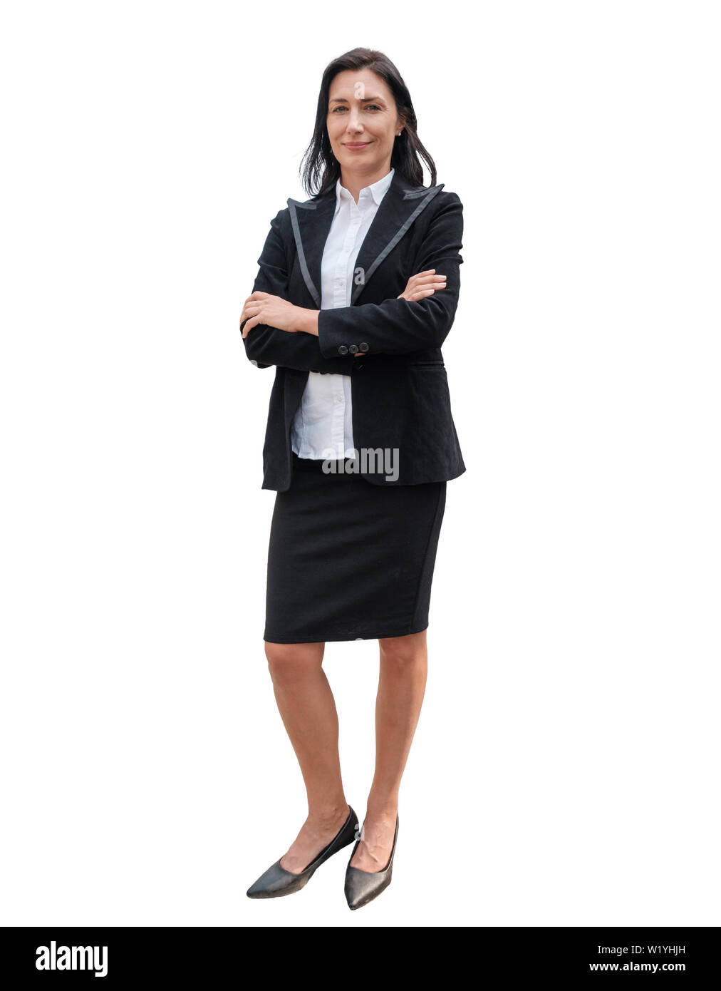 Leader business Frau mit schwarzen Anzug hohes Kreuz arm auf weißem Hintergrund Stockfoto