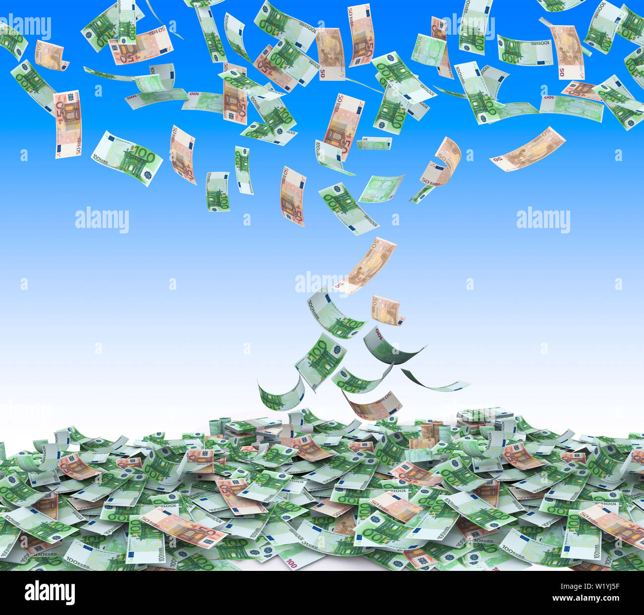 Fallen 100 und 50 Euro, sowohl von der Vorder- und Rückseite wie ein echter auf blauem Hintergrund. Hohe Auflösung, gestochen scharfe 3D-Rendering. Stockfoto