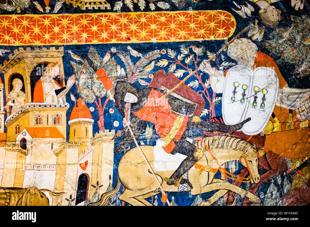 Einen maurischen Ritter Niederlagen eine christliche Ritter. Malerei in der Halle der Könige, die Alhambra, Granada, Granada Provinz, Andalusien, Südspanien. T Stockfoto