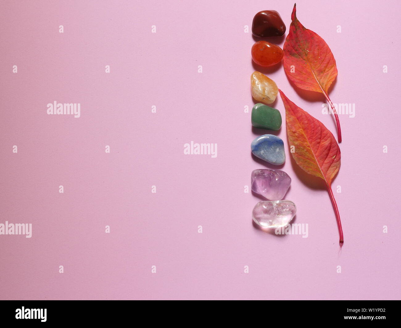 Chakra Healing Stones und ein Blatt auf Rosa tausendjährigen Hintergrund mit Platz für Text kopieren Stockfoto