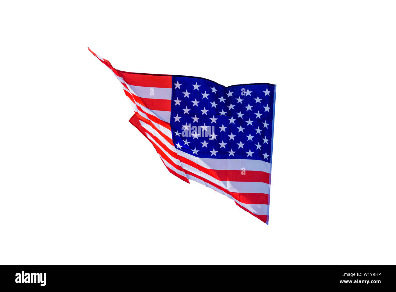 Wehende amerikanische Flagge an einem sonnigen Tag. USA-Flagge auf weißem Hintergrund. Stockfoto