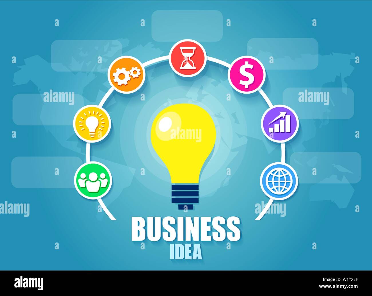 Vektor einer Geschäftsidee Glühbirne mit Brainstorming Gebäude ein Erfolg Infografik Symbole. Stock Vektor