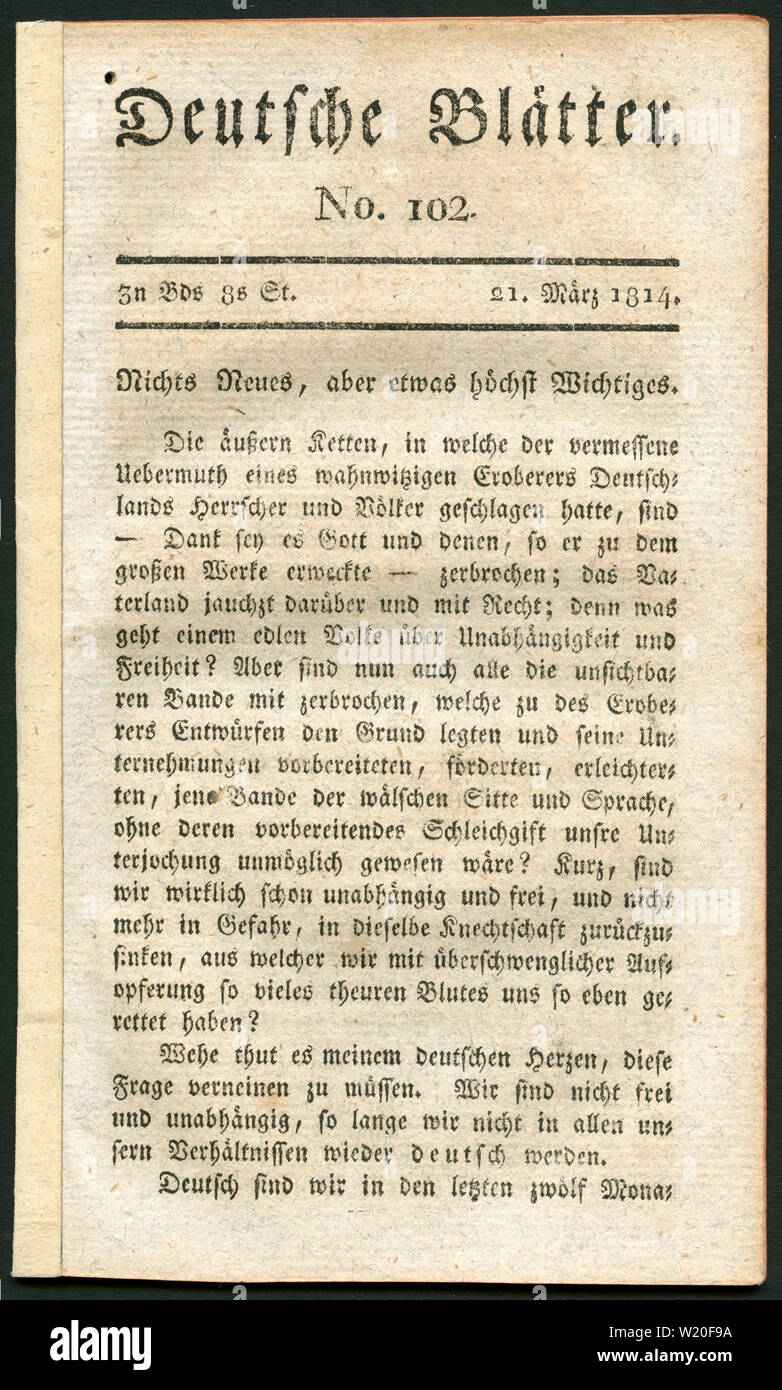 Europa, Deutschland, Sachsen, Leipzig, historische Zeitung: "Deutsche Blätter', Nr. 102, 21. März 1814, herausgegeben von Friedrich Arnold Brockha Stockfoto