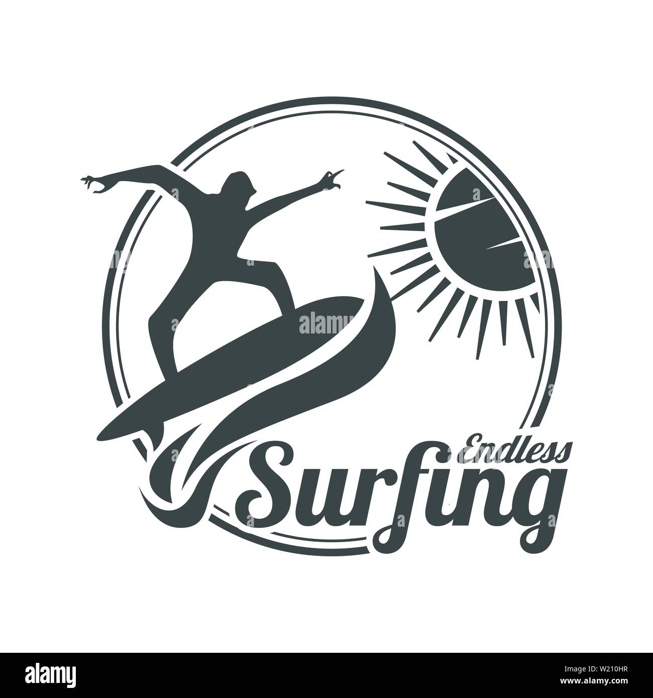 Sommer surfen Sport Vektor logo, Surfbrett und Ocean Wave. Sommer Sport Surfen, Abbildung: Sport Surf Board Abzeichen Stock Vektor