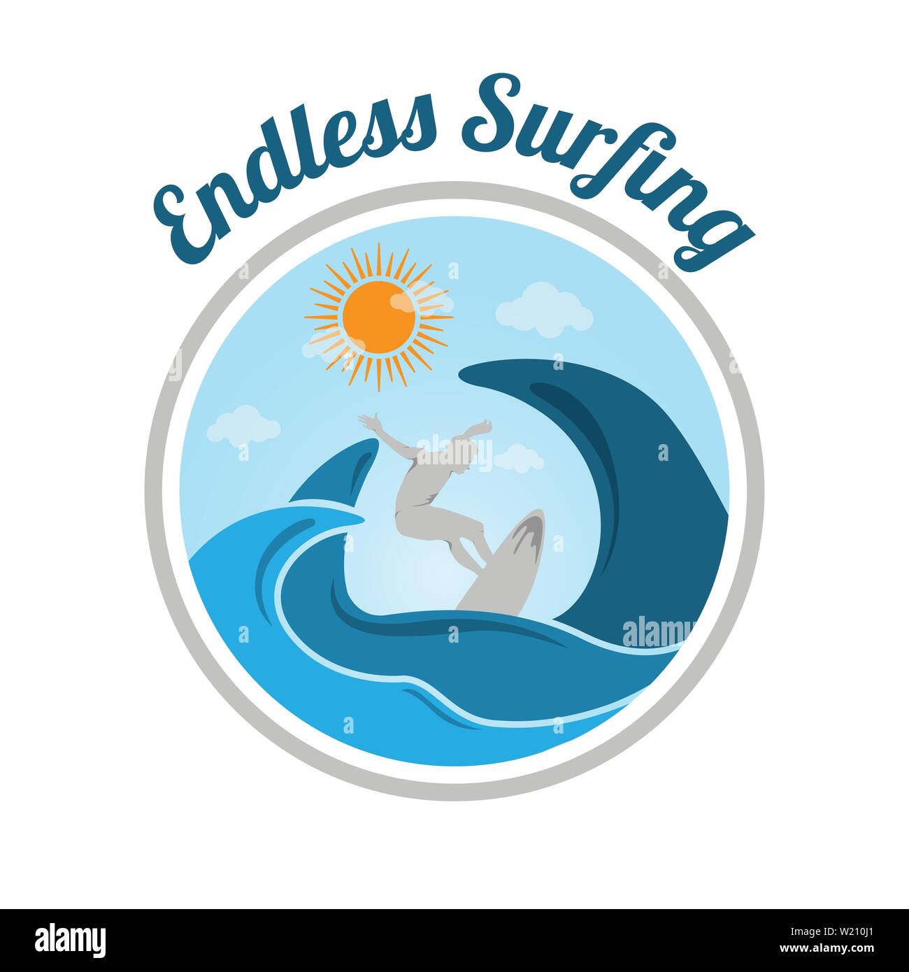 Farbige Sommer surfen Sport Vektor logo, Surfbrett und Ocean Wave. Sommer Sport Surfen, Abbildung: Sport Surf Board Abzeichen Stock Vektor