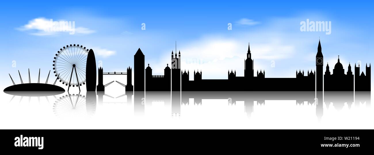 Der Londoner City am Horizont. City Line gegen den blauen Himmel mit Wolken. Stock Vektor