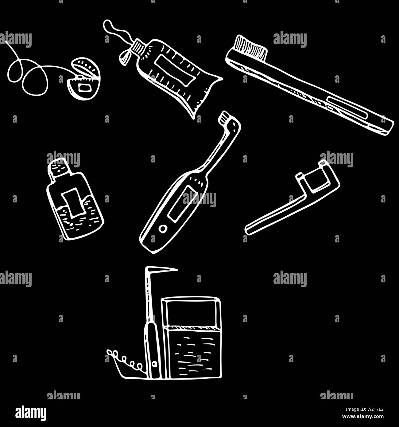 Zahnmedizinische Dienstleistungen Objekte auf schwarzem Hintergrund isoliert. Doodle style zahnmedizinische Reinigung und Pflege Werkzeuge. Zahnmedizin und kieferorthopädie Instrumente und Werkzeuge Stock Vektor