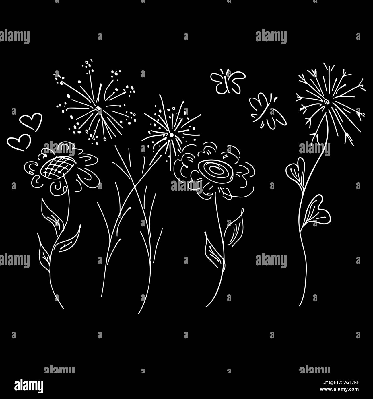 Abstract Gliederung Symbol von Wildblumen und Schmetterling auf schwarzem Hintergrund isoliert. Hand gezeichnet Vector Illustration. Stock Vektor