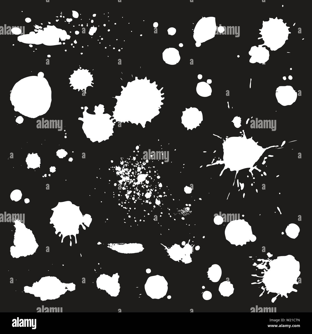 Ink Blots und Farbe spritzt. Vektor einrichten von weißen Flecken auf schwarzem Hintergrund isoliert. Stock Vektor