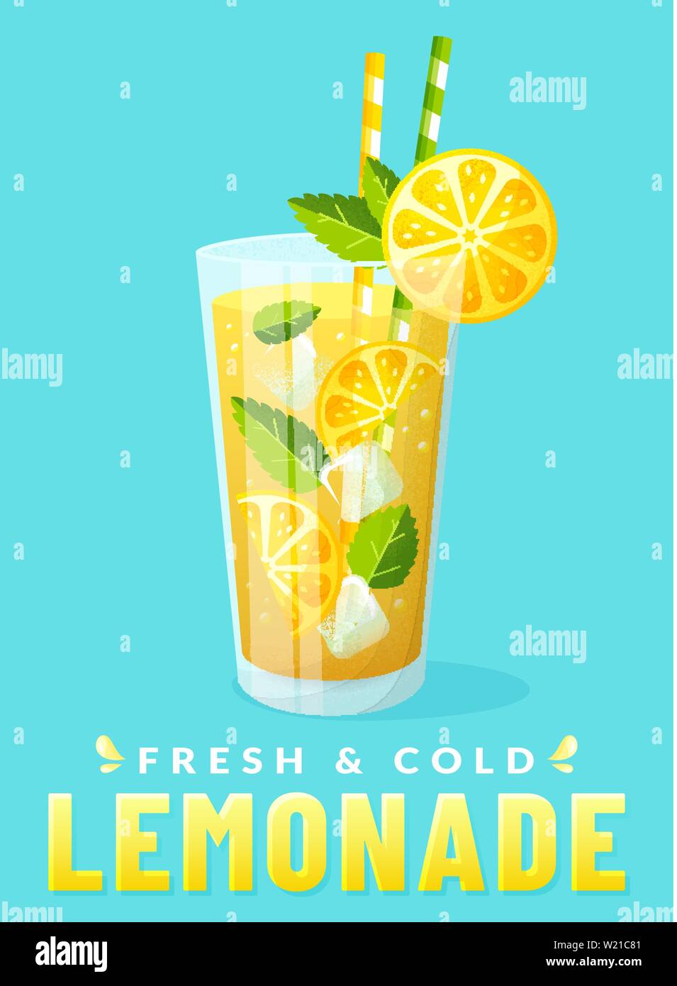 Limonade mit zitronenscheibe. Vector Illustration. Poster mit Glas auf sauberen Hintergrund isoliert. Frischen und kalten Sommer trinken mit Eis und Minze. Stock Vektor