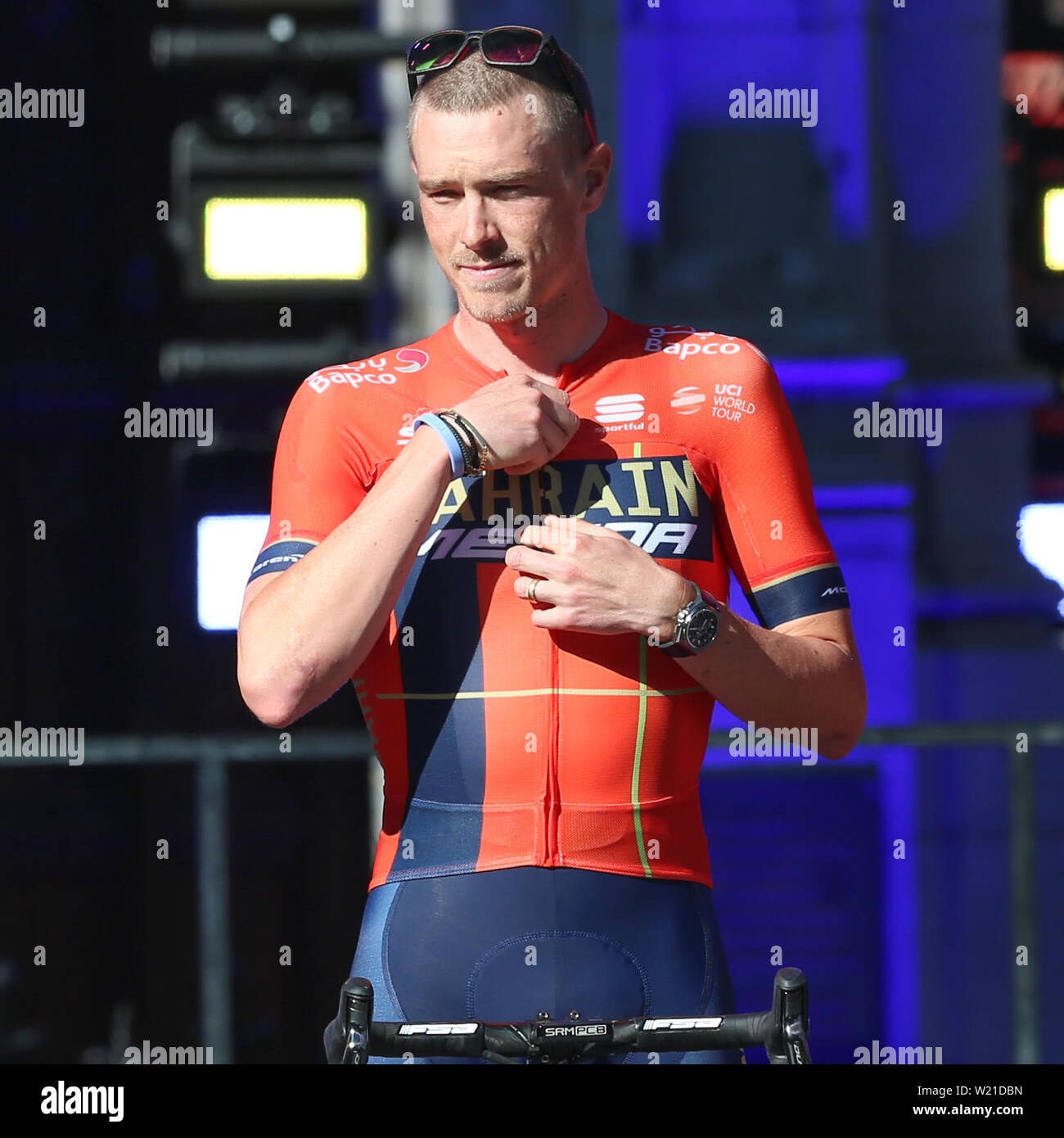 Brüssel, Belgien. 04. Juli, 2019. Brüssel - 4-07-2019, Radfahren, Team BAHRAIN MERIDA zu Beginn der 106 Tour de France mit Rohan Dennis Credit: Pro Schüsse/Alamy leben Nachrichten Stockfoto