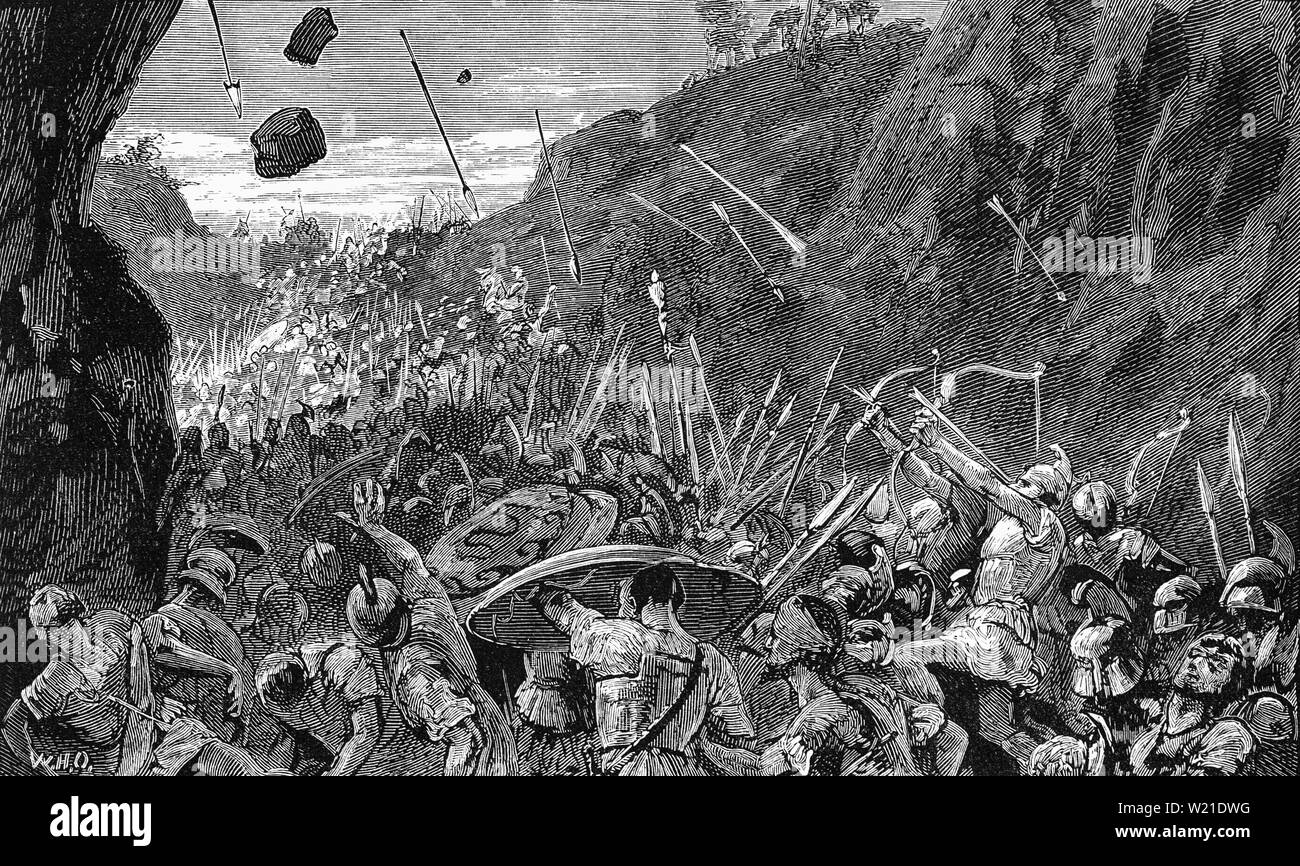 Im Anschluss an die größte Expedition des Peloponnesischen Krieges und der Niederlage in der Seeschlacht in Syrakus Hafen in 413 BC, 40.000 Athener und alliierten Truppen zurückgezogen. Die Syracusans blockierten die geplante Route durch Acreaen Klippe, und die Athener waren zurück zu Ihrem Ausgangspunkt. Demosthenes und seine Männer begann eine Nacht im März in eine andere Richtung, aber die Syracusans bombardiert die athenische Truppen mit Speere bis Demosthenes kapituliert. In der Zwischenzeit die Syracusans mit Nicias und seine Hälfte der Armee gefangen und bombardiert, bis Sie auch übergeben. Stockfoto