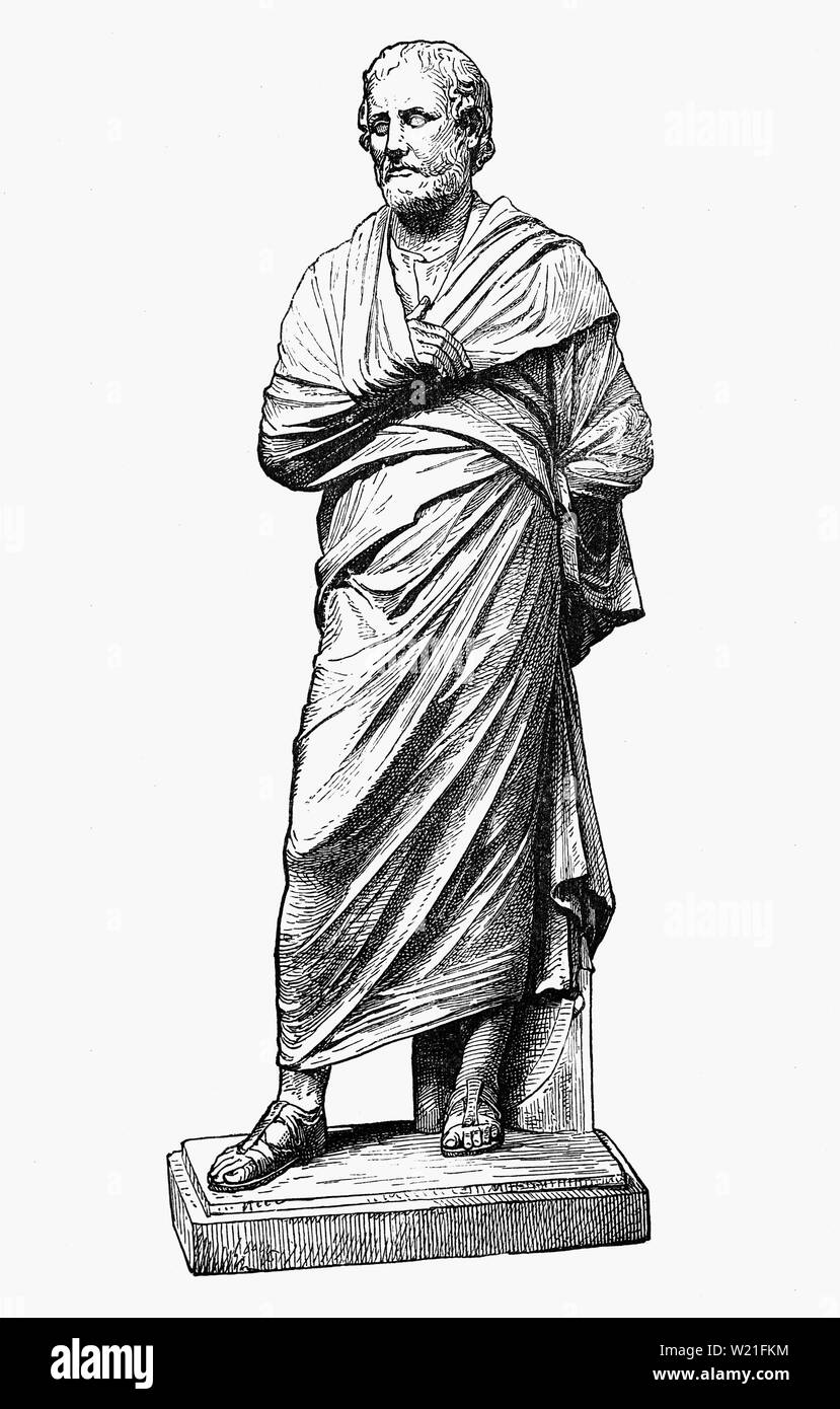 Eine Statue des Aeschines (389 - 314 v. Chr.), einen griechischen Staatsmann und eines der zehn Dachgeschoss Redner. Er wurde in Athen geboren, wahrscheinlich aus armen Eltern. Er mit Auszeichnung in der Armee gedient, während mehrere Kampagnen bis zum Fall des Olynthus (348 v. Chr.) Aeschines in die politische Arena brachte, und er war auf eine Botschaft der Peloponnes gegen Philipp II. von Makedonien zu wecken. Im Frühjahr 347 v. Chr., wandte er sich an die Montage von Zehntausend in Megalopolis, Arcadia, die sie drängen, sich zu vereinigen und ihre Unabhängigkeit gegen Philip verteidigen. Stockfoto