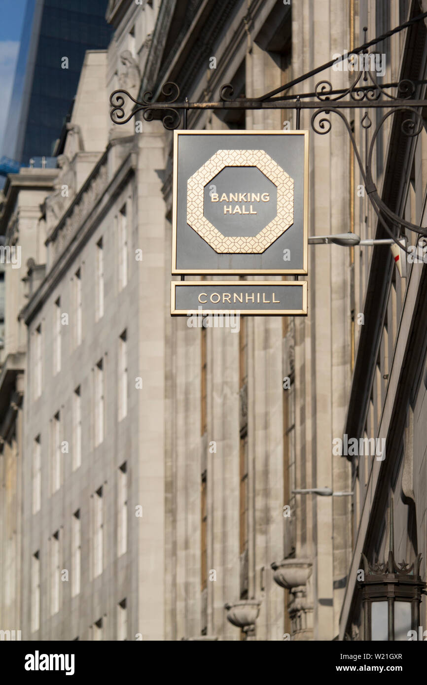 Zeichen für Banking Hall auf Cornhill London Stockfoto