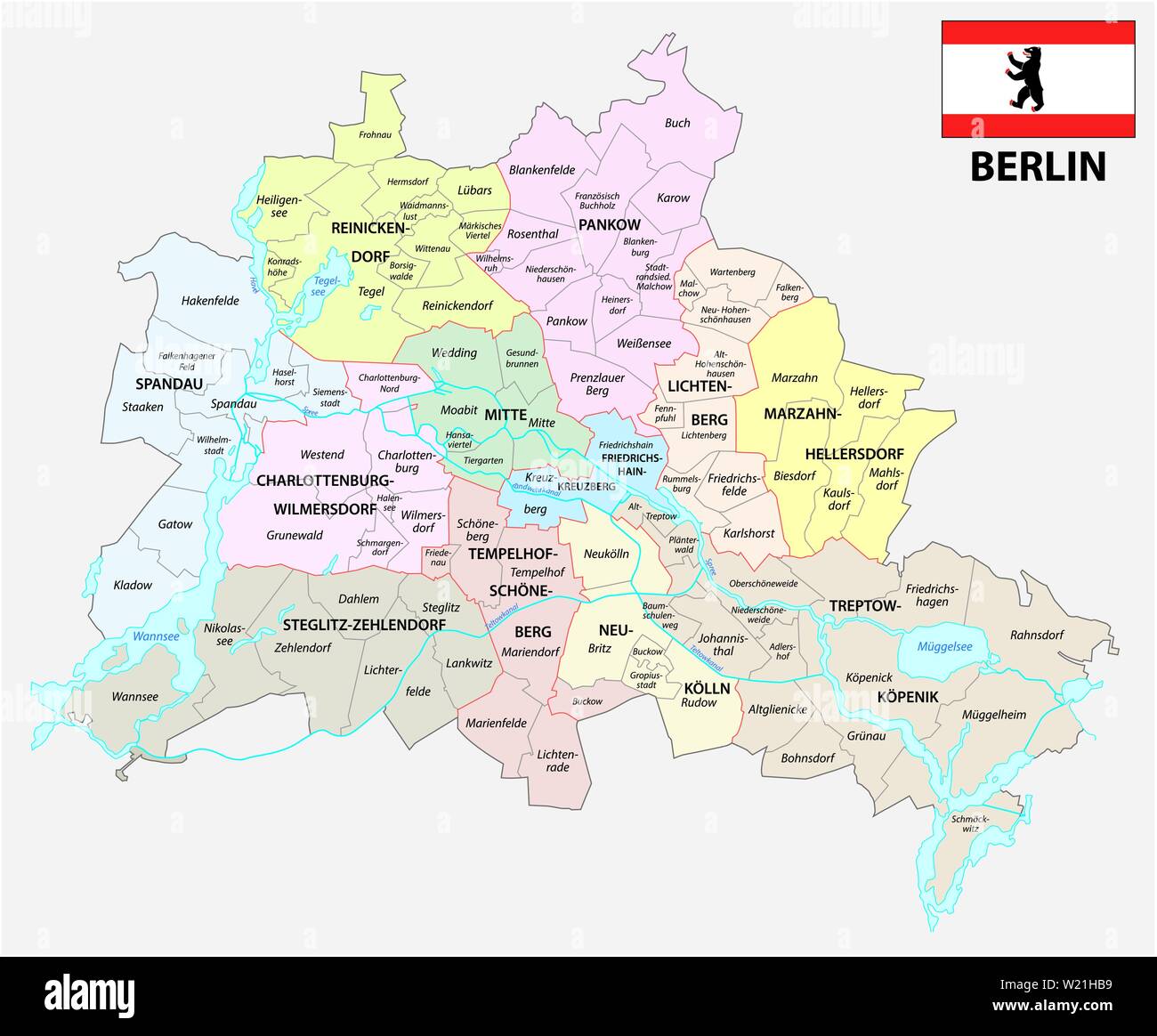 Berlin administrative und politische Karte mit Fahne Stock Vektor