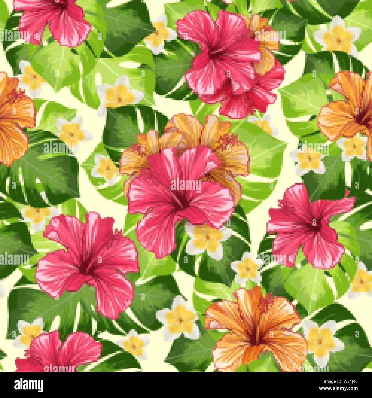 Hawaiian Hibiscus Duft Blume und Monstera Blätter Vektor nahtlose Muster. Malve chinesische Rose Flora und Botanik Palmen mit Blüten. Tropische Karkade oder Bissap Kräutertee, Crimson Pflanzen blühen. Stock Vektor