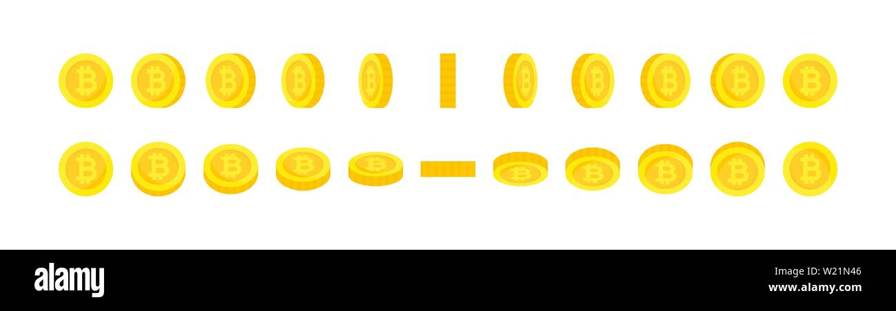 Einstellen der vertikalen und horizontalen Drehung gold bitcoin Münzen. Cryptocurrency, digitales Geld Sprites für die Animation. Stock Vektor
