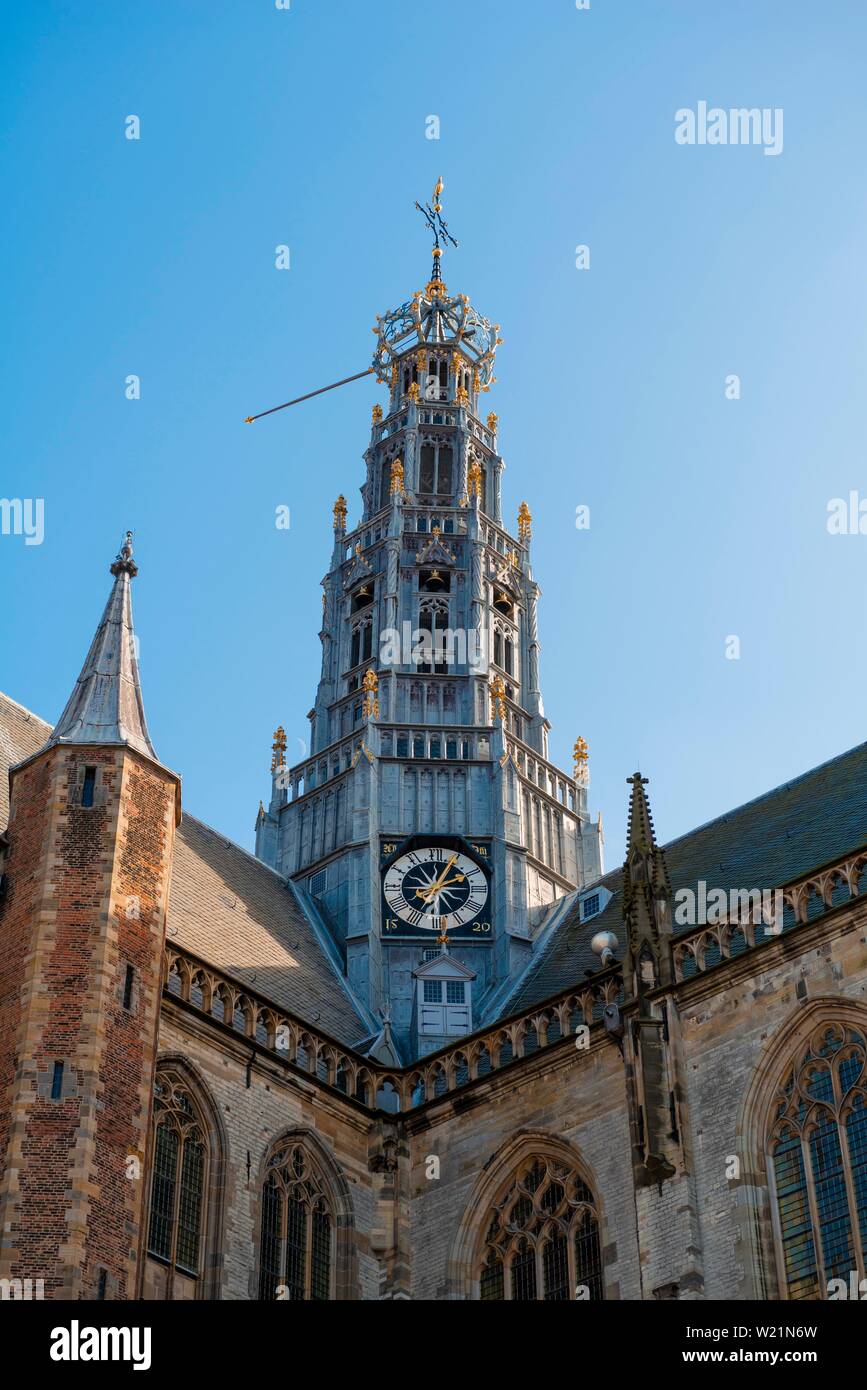 Turm der gotischen Kathedrale Sint-Bavokerk, Grote Markt, Haarlem, Provinz Nordholland, Friesland, Niederlande Stockfoto