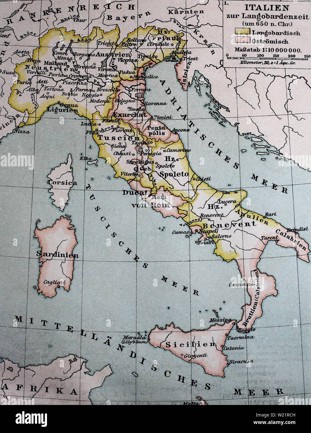 Karte von Italien in der langobardischen Zeit um 650, 1885, historische Darstellung, Italien Stockfoto