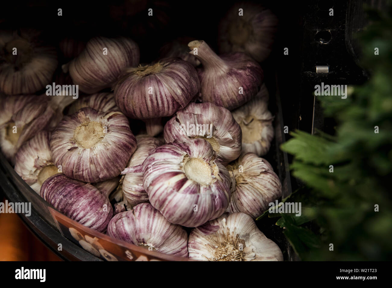 Eine Nahaufnahme von einer Fülle an frischen Knoblauch Zwiebeln auf dem Display am Marktstand. Stockfoto
